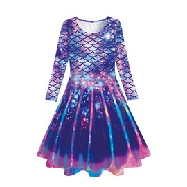 Funnycokid Girls Mermaid Dress Kids Long Sleeve Birthday Size 10 12 Twirl Outfit Clothes 10-13 Years Purple