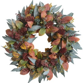 22-inch Fall Front Door Wreath Artificial Green Brown Autumn Leaf Red Thorn Fruit Fall Wreath Farmhouse Courtyard Indoor Outdoor Decoration Thanksgiving Harvest Festival Party Decoration