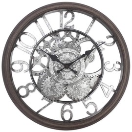 Presentime & Co 12" Farmhouse Gear Clock, Silent no Ticking, Indoor/Outdoor Clock, Weatherproof, Grey Oak and Galvanized Finish. Wall Décor/Outdoor Décor for Living Room, Kitchen, Garden, and Patio.