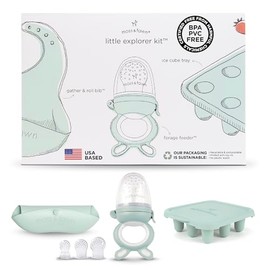 Moss and Fawn Little Explorer Kit - Kit de paletas de leche materna congelada de silicona con alimentador de forraje, bandeja de cubitos de hielo de paleta de dentición, y babero de alimentación para