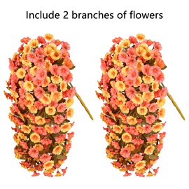 Artificial Fake Fall Hanging Flowers Plants for Outdoor Outside Decoration, 2 PCS Faux Silk Morning Glory Trailing Vines UV Resistant for Wall Home Porch Patio Party Decor (Fall Orange+Yellow)