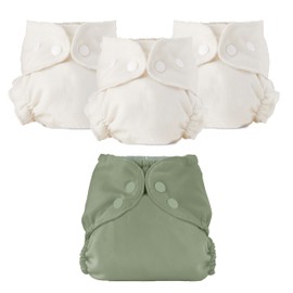 Esembly Cloth Diaper Bundle Set, 3 Organic Absorbent Inners and 1 Waterproof Recycled Diaper Cover, Reusable Washable Diapers with Snap Closure, Size 1 (7-17lbs), Aloe