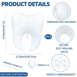 6 Pieces White Tooth Foil Balloons Decorations, 22 Inches Mylar Dental Balloons for Graduation, Tooth Fairy Parties, Dentist Office Decor, Kids First Tooth Celebrations, and Birthday Party Supplies