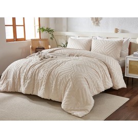 Beige Comforter Set Queen Size, 3 Pieces Tufted Boho Shabby Chic Bedding Comforter Sets, Lightweight Fluffy Cream Farmhouse Comforter Bed Set for All Season (1 Comforter and 2 Pillowcases, 90x90In)