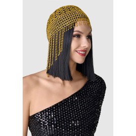 BABEYOND 1920s Beaded Cap Headpiece Roaring 20s Beaded Flapper Headpiece Belly Dance Cap Exotic Cleopatra Headpiece for Gatsby Themed Party (Gold)
