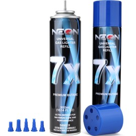NEON Butane Refill, 300ml 7X Filtered Premium Butane Fuel, 2 Cans Pure Refined Lighter Fluid with 0 Impurities & 5 Different Nozzle Adapters for Refillable Lighters, Butane Torches, Kitchen Blow Torch