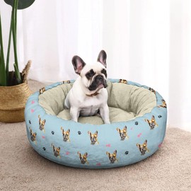 French Bulldog Calming Round Bed Washable Dog Bed Donut Indoor (French Bulldog, 30" L x 30" W x 8" Th)