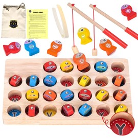 Tested by Teachers Wooden Magnetic Fishing Game, Montessori Early Learning Toy with Poles, Tongs, Storage Bag & Games, Learn Letters, Sounds, Motor Skills & More. Great for Preschool 3 4 5 Years Old