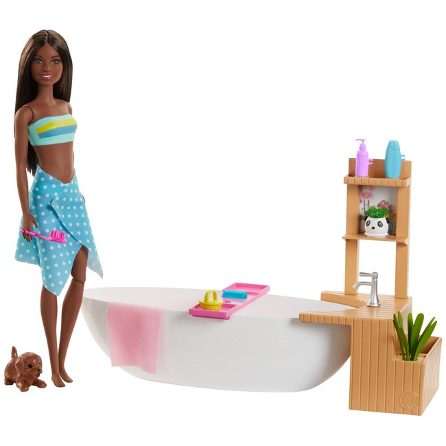 ​Barbie Fizzy Bath Doll and Playset, Brunette, with Tub, Fizzy Powder, Puppy and More, Gift for Kids 3 to 7 Years Old