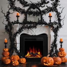 RAINFLOW Black Halloween Garland for Mantle- 2PCS 5.9Ft Artificial Black Eucalyptus Garlands for Halloween Party Decorations, Faux Hanging Vines for Party Indoor Outdoor Decor
