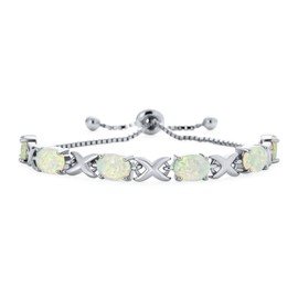 Gemstone Iridescent Oval Figure 8 & White Created Opal Tennis Infinity Bolo Bracelet for Women .925 Sterling Silver Rhodium Plated Adjustable Slide 7"