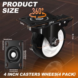 Caster Wheels, 4 Inch Heavy Duty Casters, 2400lbs Capacity (Set of 4) - Industrial Swivel Wheels with Dual-Locking Brakes, Silent & Non-Marking for Workbenches, Carts, Furniture