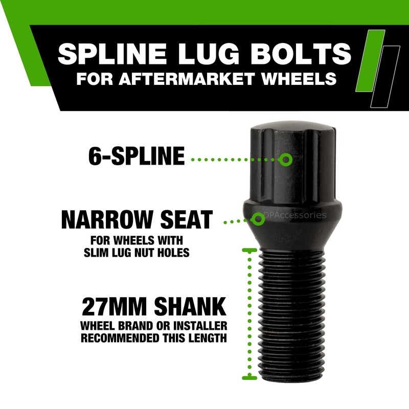DPAccessories Black M14x1.50 Lug Bolts for Aftermarket Wheels | Spline
