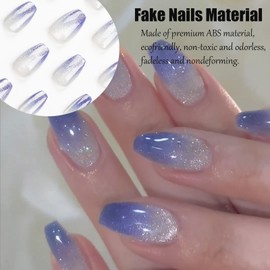 Short French False Nails,24 Pcs Blue Gradient Cat Eye Strong Full Cover False Nails,Press On Nails Glitter Stick on Nails,Removable Glue-on Nails Fake Nails Women Girls Nail Art Accessories