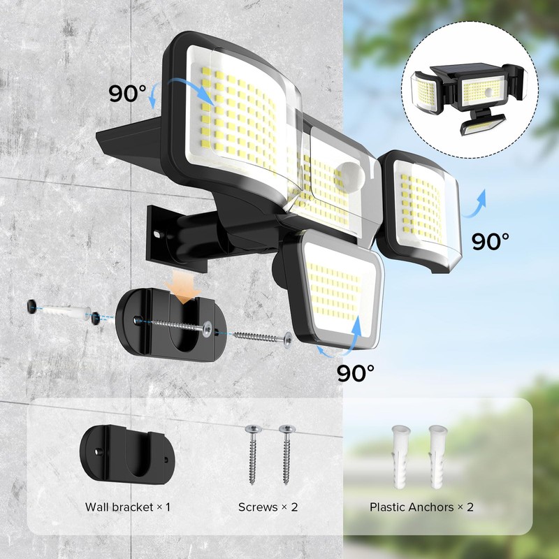 JJX Solar Outdoor Lights 3000LM 278 LED, 1 Pack 4-Head