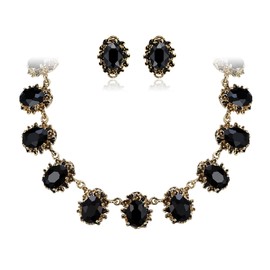 Clearine Victorian Style Statement Necklace Pierced Earrings Jewellery Set for Women Crystal Floral Cameo Inspired Oval Party Prom Jewelry Black Antique-Gold-Tone