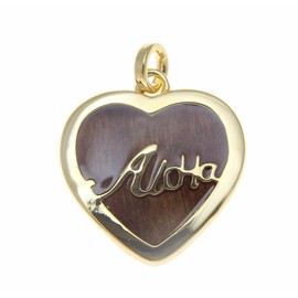 Koa Wood Hawaiian Scroll Aloha Heart Yellow Gold Plated Brass Reversible Pendant