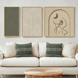 Large Framed Sage Green Wall Art for Living room, Abstract Boho Canvas Artwork Prints for Girls and Women Bedroom Above Bed, 3 Piece Minimalist Wall Art for Living Room, Home Office Wall Decor