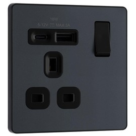 BG Electrical Single Switched Power Plug Wall Socket with Type A USB and Type C USB Charging Ports, Fast Charge, Screwless Front Plate, Evolve, Matt Grey, 13A, 18W, PCDMG21UAC18B