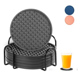 Silicone Drink Coasters Set of 6 with Holder, Non-Slip Coasters for Any Type Tabletop Protection, Dishwasher Safe Coasters for Drinks Fits Any Size of Drinking Glasses (Gray)