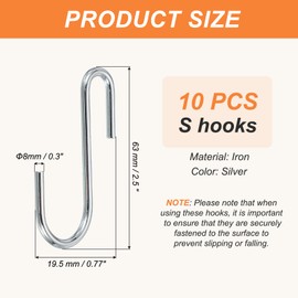 PATIKIL 2.5" S Hooks, 10 Pack Hook Wire Rack Hooks S Shaped Hooks, Hanging Sink Grid Hooks Hanger for Kitchen, Bedroom, Office, Silver Tone