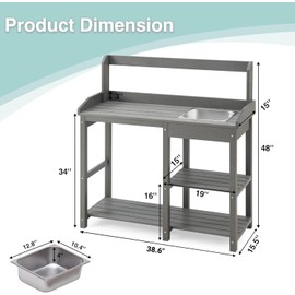 Psilvam Potting Bench, Poly Lumber Potting Table with Removable Stainless Steel Sink and Open Shelves, All-Weather Garden Work Station, Planting Table for Garden, Patio and Lawns (Grey)