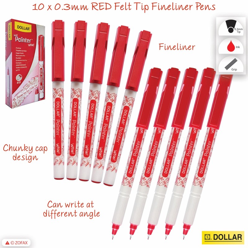 Dollar Wow Fineliner Pens, RED, Fine Tip (0.3mm), Pack of