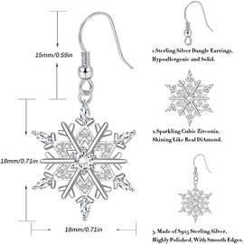 MILACOLATO 925 Sterling Silver Snowflake Drop Earrings for Women High Polished Silver Dangle Drop Earrings 18K White Gold Plated Dangle Jewelry Snowflake Earrings for Women