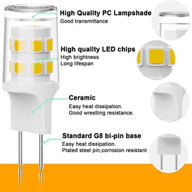 G8 LED Bulb 3W Equivalent to 15W-20W G8 Halogen Bulbs, T4 JCD Type Bi-Pin G8 Base, G8 Bulb 6000K Daylight White, 120V AC, Energy Efficient Replacement for Under Cabinet, Puck Lights - 10 Pack