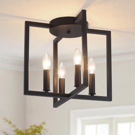 Bosomfr Semi Flush Mount Ceiling Light Fixture, Modern Farmhouse 4-Light Black Ceiling Light, Industrial Close to Ceiling Light with Geometric Metal Shade, Ceiling Lamp for Kitchen, Hallway, Bathroom