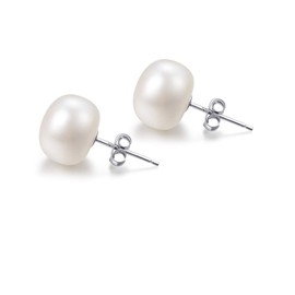 Freshwater Pearl Earrings Real 925 Silver Pearl Earrings White Studs Flat Women's 5 mm 6 mm 7 mm 8 mm 10 mm, Silver
