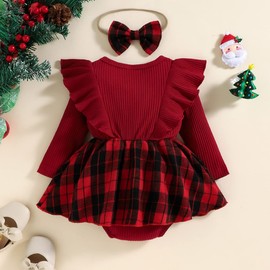 Loalirando Baby Girls Christmas Romper Plaids Dress Round Neck Ruffle Shoulder Long Sleeve Reindeer Skirt Hem Bodysuit with Bowknot Headband Infant Xmas Clothes (Red, 0-6 Months)