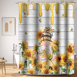 Umpoo Honey Bee Shower Curtains Rustic Sunflowers Gnome Honey on Rustic Wood Board Farmhouse Bathroom Decor Waterproof Polyester Fabric 72x78 Inch Shower Curtains Sets with Hooks