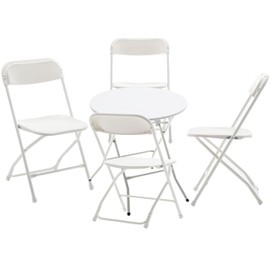BTEXPERT Folding Card Portable, 24" Round Plastic Table 4 Adult Chairs for Board Games Nights Gatherings Party Home Indoor Outdoor Lightweight, 5 Piece Set, White & Granite White