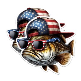 (2 Pack) Bass with American Hat and Sunglasses Stickers - Bass Fisherman Angler - Fishing - 5 Inches On Longest Side - Premium Vinyl - for Cars, Skateboards, Laptops - Made in USA - BMCS1376
