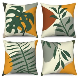 Hnmdmyi Boho Cushion Covers 45 x 45 cm Set of 4, Abstract Leaves Nature Plants Decorative Throw Pillow Covers Mid Century Modern Minimalist Aesthetic Art Linen Pillowcases for Sofa Couch Home Decor