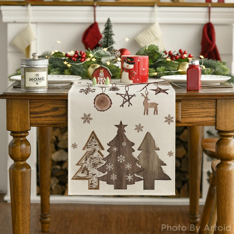 Artoid Mode Plank Trees Deer Ball Christmas Table Runner, Seasonal