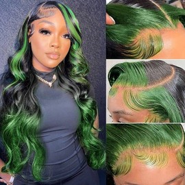 haha Black and Green Highlight Wig Human Hair 13x4 Body Wave Frontal Wig Ombre Green Lace Front Wig Human Hair Skunk Stripe Wig Pre Plucked With Baby Hair 150% Density Colored 24 Inch 1B/Green