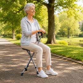 Lefeke Folding Walking Cane with Seat, Adjustable Height & LED Light