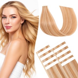 tesshair Tape in Hair Extensions Human Hair Thin Type 10 Pcs Invisible Skin Weft Remy Real Hair Extension Tapes Natural Tape Extensions for Women Girls(Golden Brown & Bleach Blonde, 15g) - 22Inch