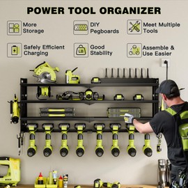 NattyDot Power Tool Organizer Wall Mount with Charging Station,Cordless Tool Organizer 8 Drill Holder, 4 Layer Storage Rack for Garage Organization,Tool Holder with 8 Outlet Power Strip (Black)