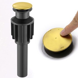 Bathroom Sink Drain without Overflow Brushed Gold, ABS Pop up Sink Stopper for Bathroom Vanity Vessel Sink, Built-In Anti-Clogging Strainer
