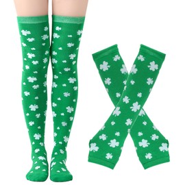 ZHIFU 2pcs St Patrick'S Day Gifts Green Clover Socks And Irish Arm Warmer Gloves Set,Saint Patrick'S Day Accessories For Women Men.2pcs Green Clover Gifts