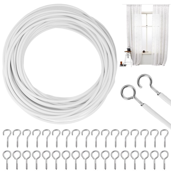 10 m Curtain Wire, White Curtain Wire, Curtain Wire, Curtain Cord, Plastic Coated Curtain Rope, Curtain Ropes with 25 Pairs of Screw Eyelets and Hooks, for Curtain Rods, Curtains, Shower Curtains