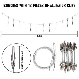 Qaestuan Photo Rope with Clips, Pack of 12 Double Crocodile Clips, 160 cm x 2 mm Photo Chain Steel Rope, with Eyelets and Hooks for Photos, Hanging Photos, Children's Drawings and Postcards