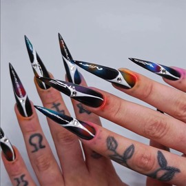 MERVF Long Press on Nails Stiletto Fake Nails Black Glue on Nails with Colorful Aura Gradient Design Almond Goth Acrylic False Nails Rhinestones Press ons for Women Glossy 24pcs