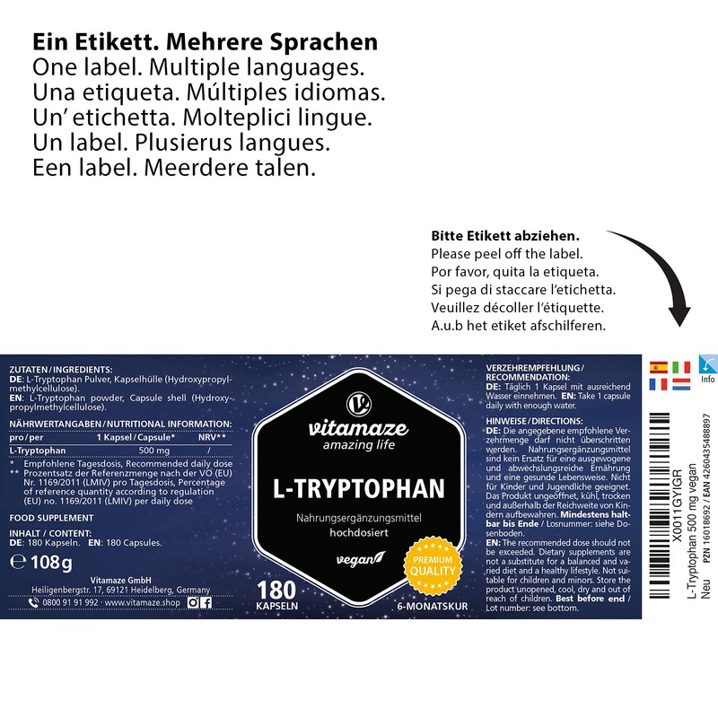 L-Tryptophan High Dose, 500 mg per Capsule, Vegan (Vegetable Fermented),