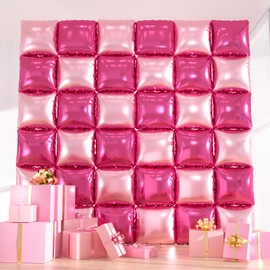 36pcs Hot Pink Square Foil Balloons Wall Backdrop, Double Sided Magenta Mylar Balloons Tunnel for Anniversary Bachelorette Wedding Proposal Birthday Valentines Day Pink Party Decorations