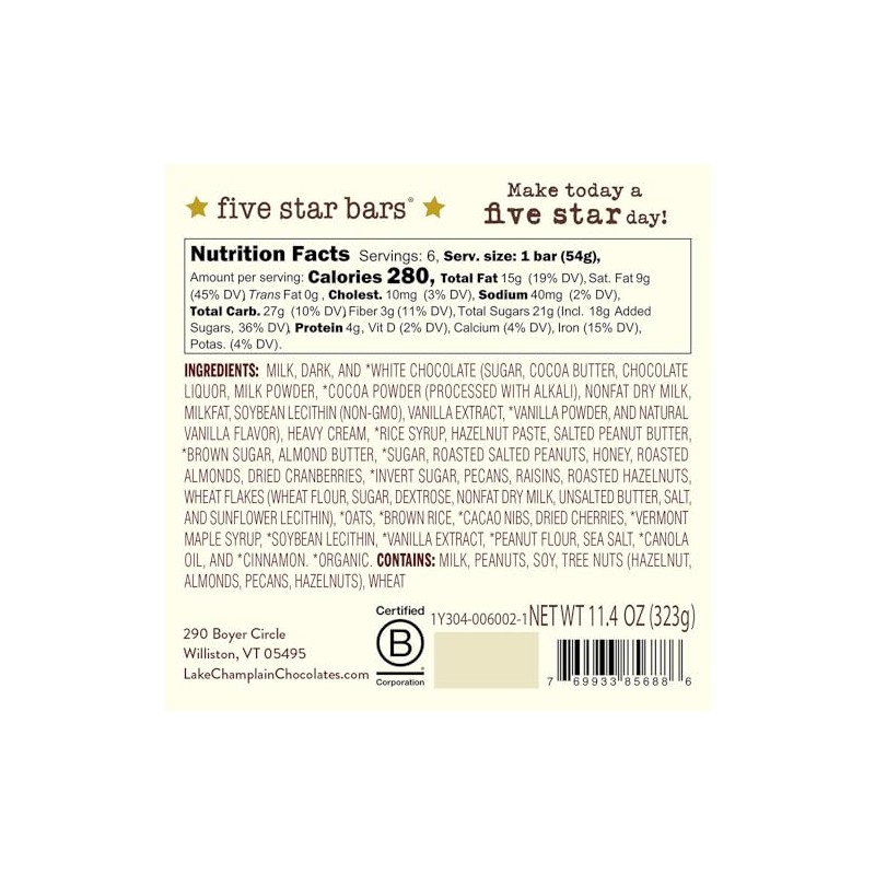 Lake Champlain Chocolates Five Star Bars, 6 Piece Variety Pack,