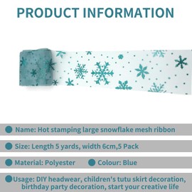 YMWALK 5 Rolls Glitter Snowflake Ribbon 6cm x 5 Yards - Wired Tulle for Gift Decorations, DIY Crafts, Tutu Skirts & Christmas Parties (Colorful)